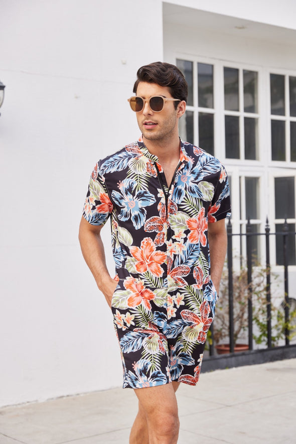 Beyond Apparel Men's One Piece Rompers Short Sleeve Hawaiian Floral Shirt Zipper Jumpsuit Shorts Casual Beach Playsuit with Pockets