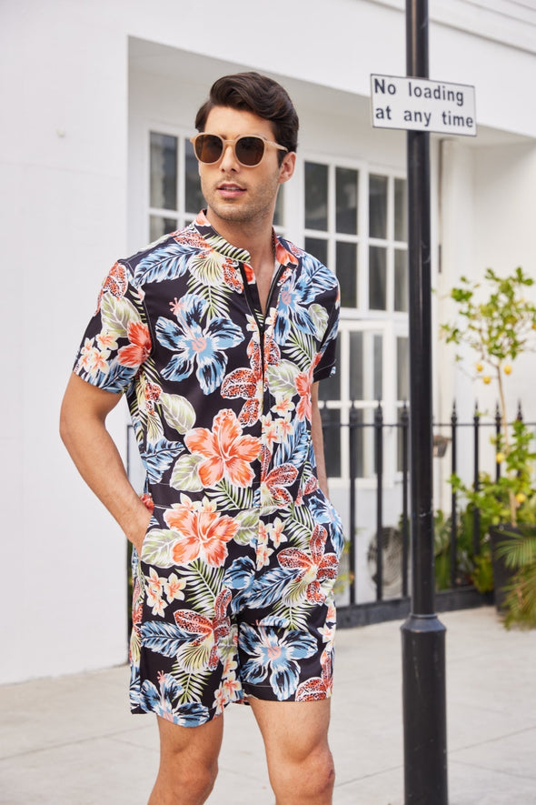 Beyond Apparel Men's One Piece Rompers Short Sleeve Hawaiian Floral Shirt Zipper Jumpsuit Shorts Casual Beach Playsuit with Pockets