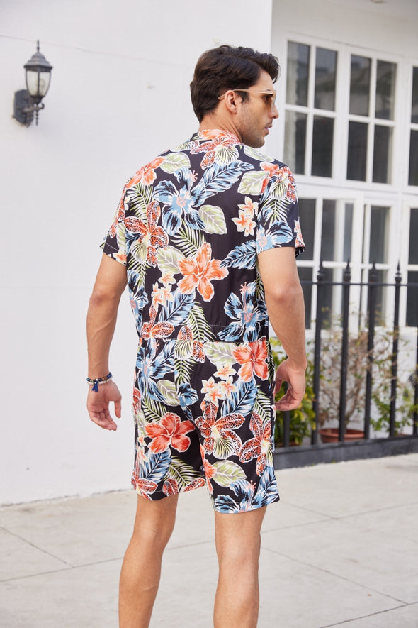 Beyond Apparel Men's One Piece Rompers Short Sleeve Hawaiian Floral Shirt Zipper Jumpsuit Shorts Casual Beach Playsuit with Pockets