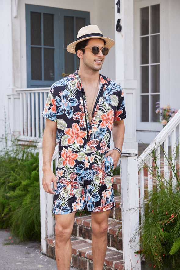 Beyond Apparel Men's One Piece Rompers Short Sleeve Hawaiian Floral Shirt Zipper Jumpsuit Shorts Casual Beach Playsuit with Pockets