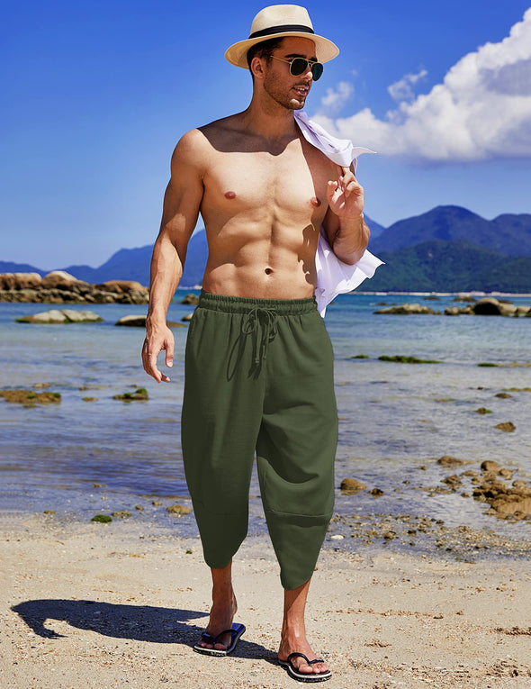 Beyond Apparel Men's Linen Harem Capri Pants Lightweight Loose 3/4 Shorts Drawstring Elastic Waist Casual Beach Yoga Trousers