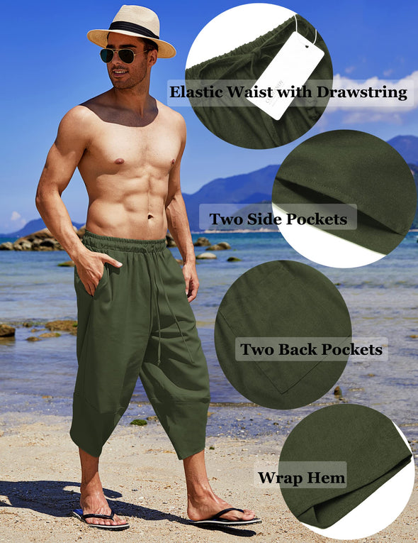 Beyond Apparel Men's Linen Harem Capri Pants Lightweight Loose 3/4 Shorts Drawstring Elastic Waist Casual Beach Yoga Trousers