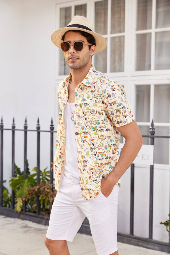 Beyond Apparel Men's Hawaiian Beach Shirts Short Sleeve 100% Cotton Novelty Print Button Down Aloha Shirts with Pocket