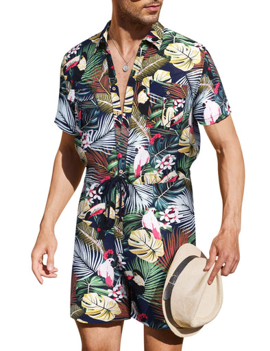 Beyond Apparel Mens Floral Shirts Sets Short Sleeve Casual Button Down Shirts One Piece Hawaiian Rompers Jumpsuit with Pockets