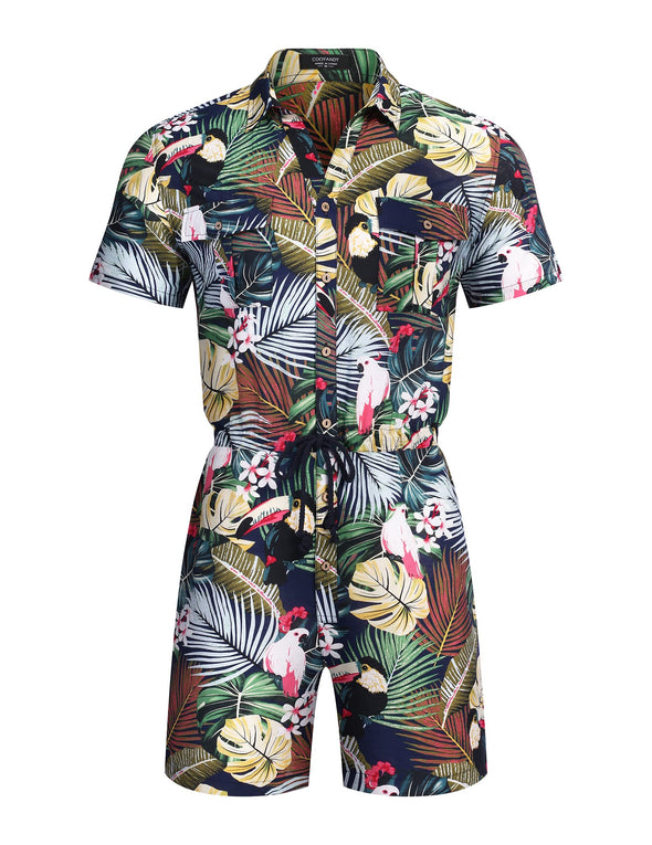 Beyond Apparel Mens Floral Shirts Sets Short Sleeve Casual Button Down Shirts One Piece Hawaiian Rompers Jumpsuit with Pockets