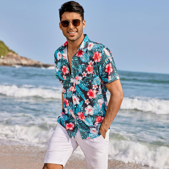 Beyond Apparel Men's Hawaiian Shirts Short Sleeve Floral Print Beach Aloha Shirt Casual Button Down Shirts with Pocket