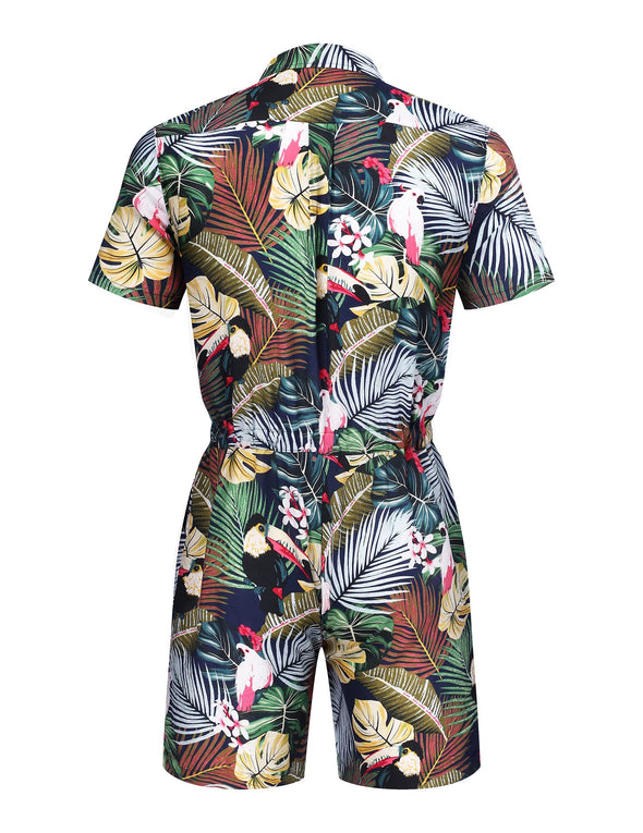 Beyond Apparel Mens Floral Shirts Sets Short Sleeve Casual Button Down Shirts One Piece Hawaiian Rompers Jumpsuit with Pockets