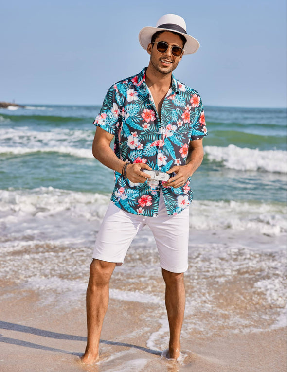 Beyond Apparel Men's Hawaiian Shirts Short Sleeve Floral Print Beach Aloha Shirt Casual Button Down Shirts with Pocket