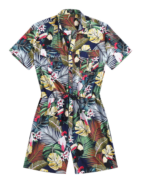 Beyond Apparel Mens Floral Shirts Sets Short Sleeve Casual Button Down Shirts One Piece Hawaiian Rompers Jumpsuit with Pockets