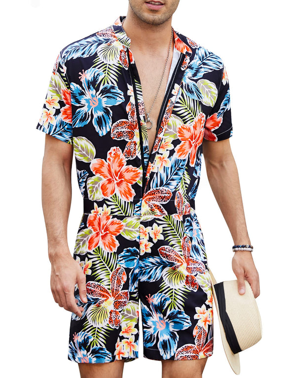 Beyond Apparel Men's One Piece Rompers Short Sleeve Hawaiian Floral Shirt Zipper Jumpsuit Shorts Casual Beach Playsuit with Pockets