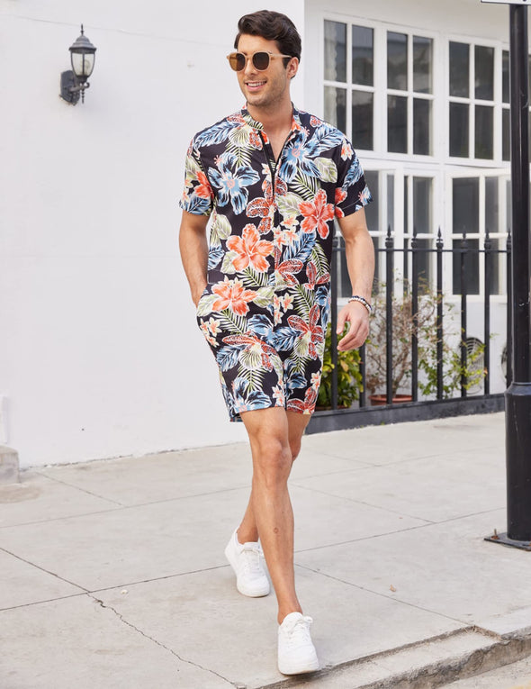 Beyond Apparel Men's One Piece Rompers Short Sleeve Hawaiian Floral Shirt Zipper Jumpsuit Shorts Casual Beach Playsuit with Pockets