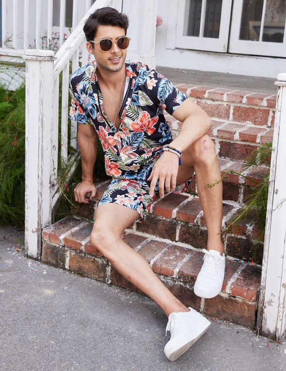 Beyond Apparel Men's One Piece Rompers Short Sleeve Hawaiian Floral Shirt Zipper Jumpsuit Shorts Casual Beach Playsuit with Pockets