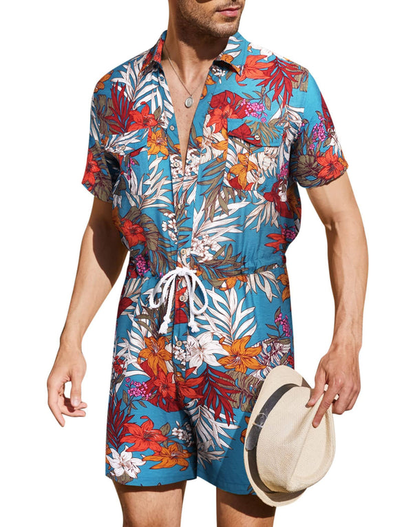 Beyond Apparel Mens Floral Shirts Sets Short Sleeve Casual Button Down Shirts One Piece Hawaiian Rompers Jumpsuit with Pockets