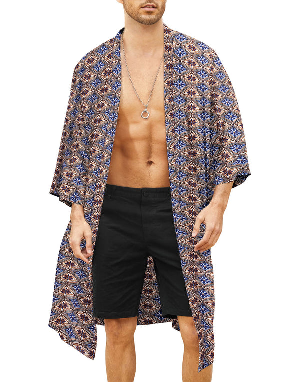 Beyond Apparel Men's Lightweight Kimono Robe Jacket Printed Japanese Style Bathrobes Casual Open Front Long Cardigan Coat Outwear