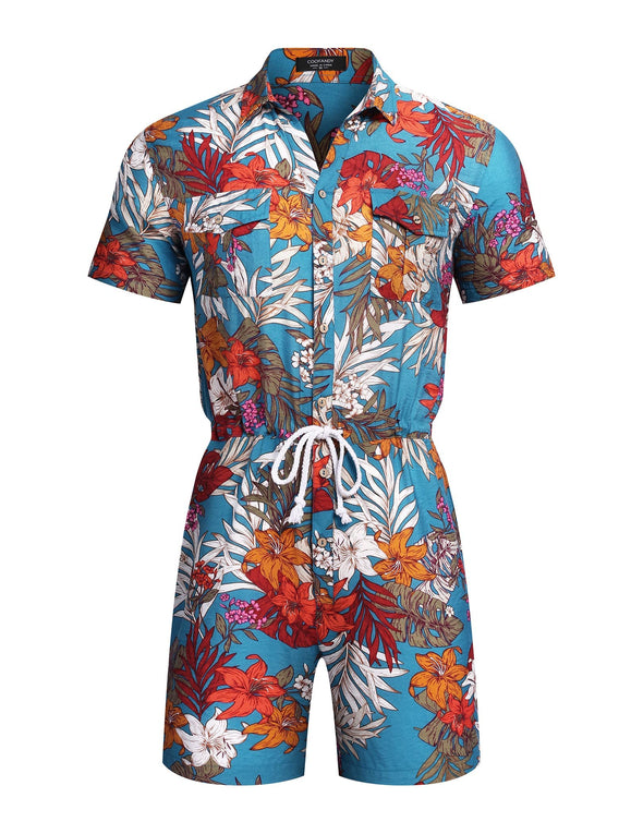 Beyond Apparel Mens Floral Shirts Sets Short Sleeve Casual Button Down Shirts One Piece Hawaiian Rompers Jumpsuit with Pockets