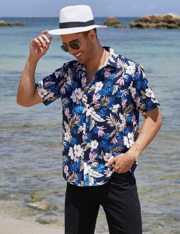 Beyond Apparel Men's Hawaiian Aloha Shirt Short Sleeve Casual Button Down Floral Printed Beach Shirts with Pocket