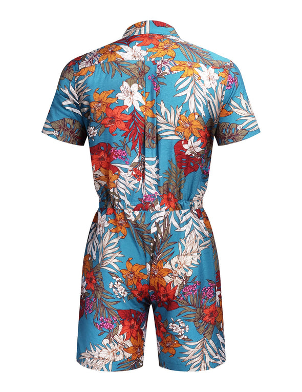 Beyond Apparel Mens Floral Shirts Sets Short Sleeve Casual Button Down Shirts One Piece Hawaiian Rompers Jumpsuit with Pockets