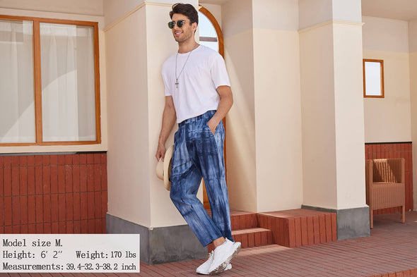 Beyond Apparel Men's Slim Fit Casual Pants Stretch Elastic Waist Cotton Linen Tie Dye Fashion Pants with Pockets