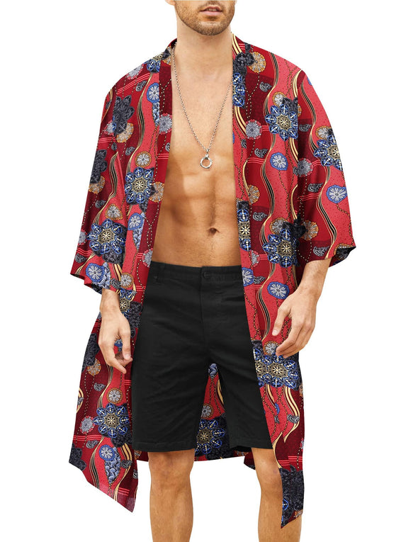 Beyond Apparel Men's Lightweight Kimono Robe Jacket Printed Japanese Style Bathrobes Casual Open Front Long Cardigan Coat Outwear