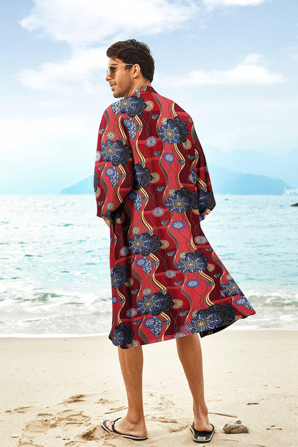 Beyond Apparel Men's Lightweight Kimono Robe Jacket Printed Japanese Style Bathrobes Casual Open Front Long Cardigan Coat Outwear