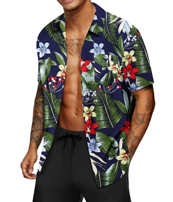 Beyond Apparel Men's Hawaiian Aloha Shirt Short Sleeve Casual Button Down Floral Printed Beach Shirts with Pocket