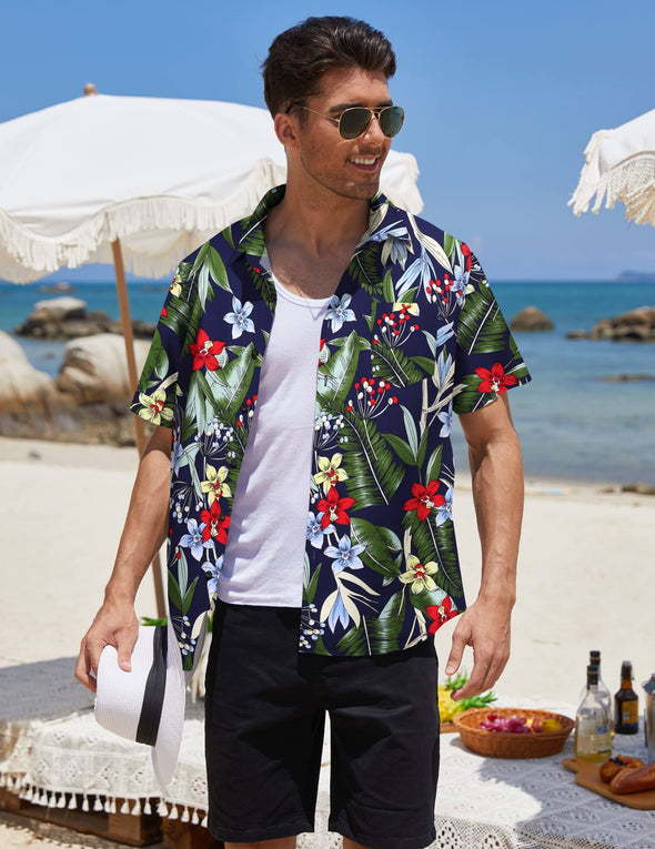 Beyond Apparel Men's Hawaiian Aloha Shirt Short Sleeve Casual Button Down Floral Printed Beach Shirts with Pocket