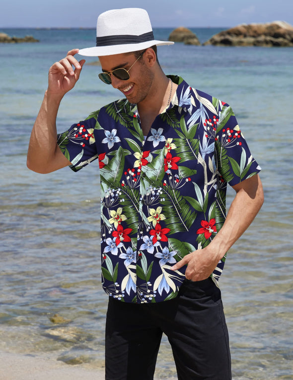 Beyond Apparel Men's Hawaiian Aloha Shirt Short Sleeve Casual Button Down Floral Printed Beach Shirts with Pocket