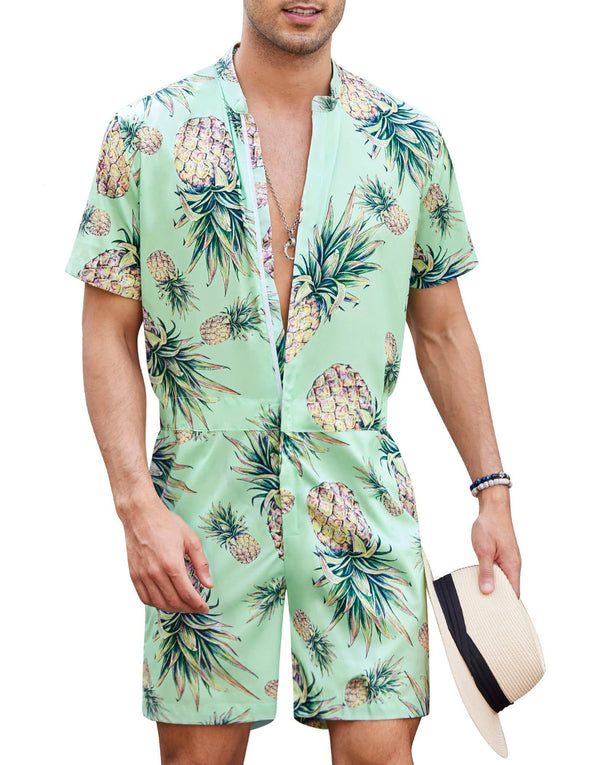 Beyond Apparel Men's One Piece Rompers Short Sleeve Hawaiian Floral Shirt Zipper Jumpsuit Shorts Casual Beach Playsuit with Pockets