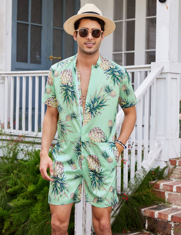 Beyond Apparel Men's One Piece Rompers Short Sleeve Hawaiian Floral Shirt Zipper Jumpsuit Shorts Casual Beach Playsuit with Pockets