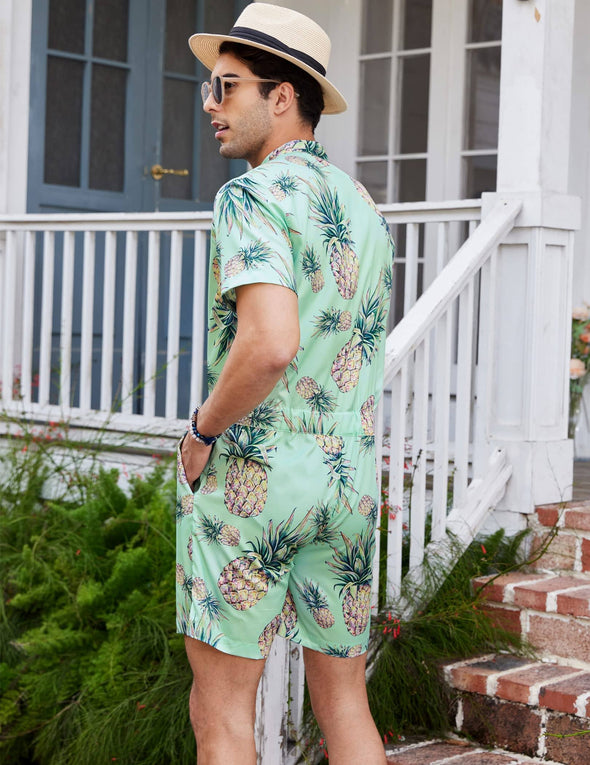 Beyond Apparel Men's One Piece Rompers Short Sleeve Hawaiian Floral Shirt Zipper Jumpsuit Shorts Casual Beach Playsuit with Pockets