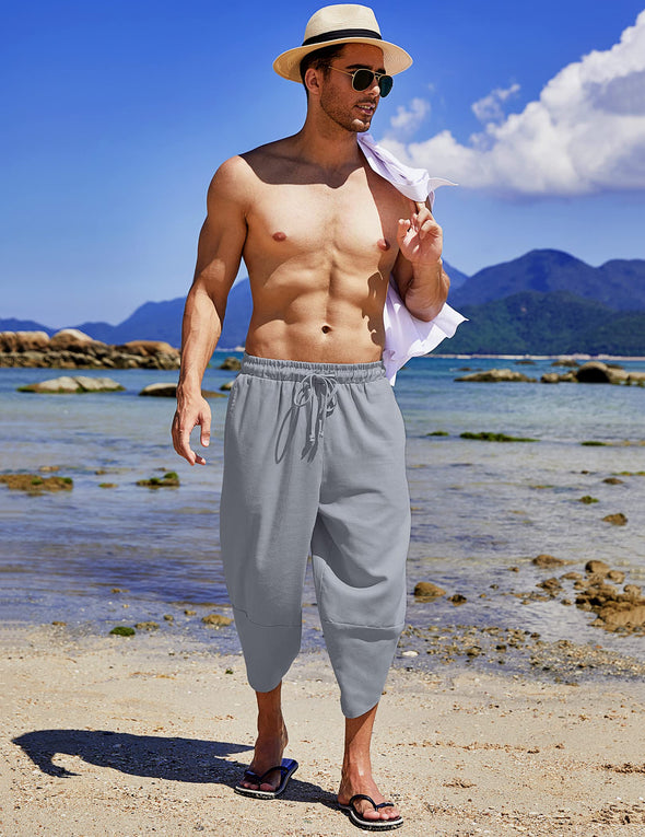 Beyond Apparel Men's Linen Harem Capri Pants Lightweight Loose 3/4 Shorts Drawstring Elastic Waist Casual Beach Yoga Trousers