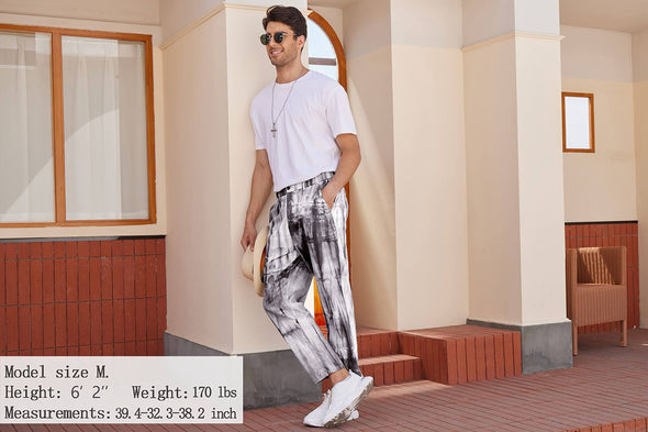 Beyond Apparel Men's Slim Fit Casual Pants Stretch Elastic Waist Cotton Linen Tie Dye Fashion Pants with Pockets