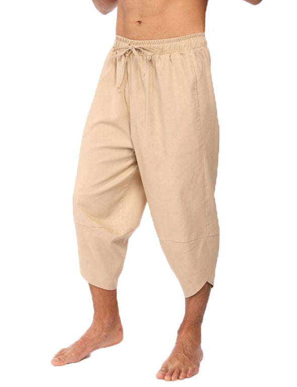 Beyond Apparel Men's Linen Harem Capri Pants Lightweight Loose 3/4 Shorts Drawstring Elastic Waist Casual Beach Yoga Trousers