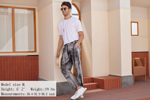 Beyond Apparel Men's Slim Fit Casual Pants Stretch Elastic Waist Cotton Linen Tie Dye Fashion Pants with Pockets