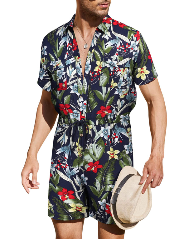 Beyond Apparel Mens Floral Shirts Sets Short Sleeve Casual Button Down Shirts One Piece Hawaiian Rompers Jumpsuit with Pockets