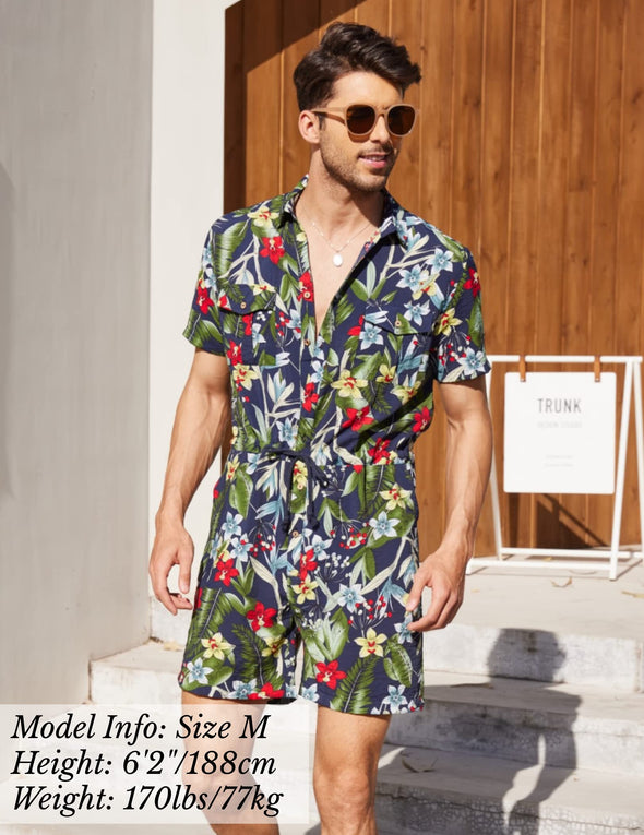 Beyond Apparel Mens Floral Shirts Sets Short Sleeve Casual Button Down Shirts One Piece Hawaiian Rompers Jumpsuit with Pockets