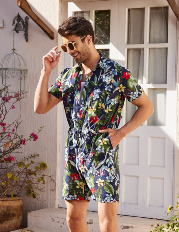 Beyond Apparel Mens Floral Shirts Sets Short Sleeve Casual Button Down Shirts One Piece Hawaiian Rompers Jumpsuit with Pockets