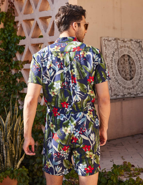 Beyond Apparel Mens Floral Shirts Sets Short Sleeve Casual Button Down Shirts One Piece Hawaiian Rompers Jumpsuit with Pockets