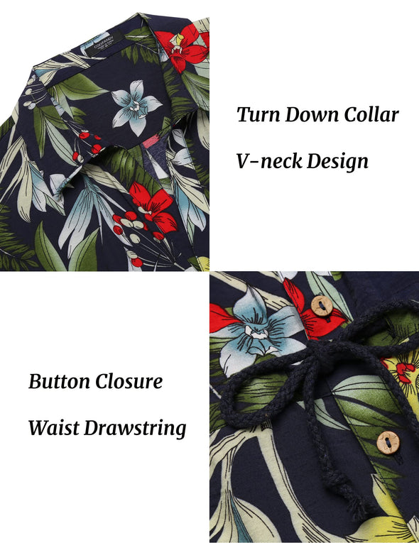 Beyond Apparel Mens Floral Shirts Sets Short Sleeve Casual Button Down Shirts One Piece Hawaiian Rompers Jumpsuit with Pockets