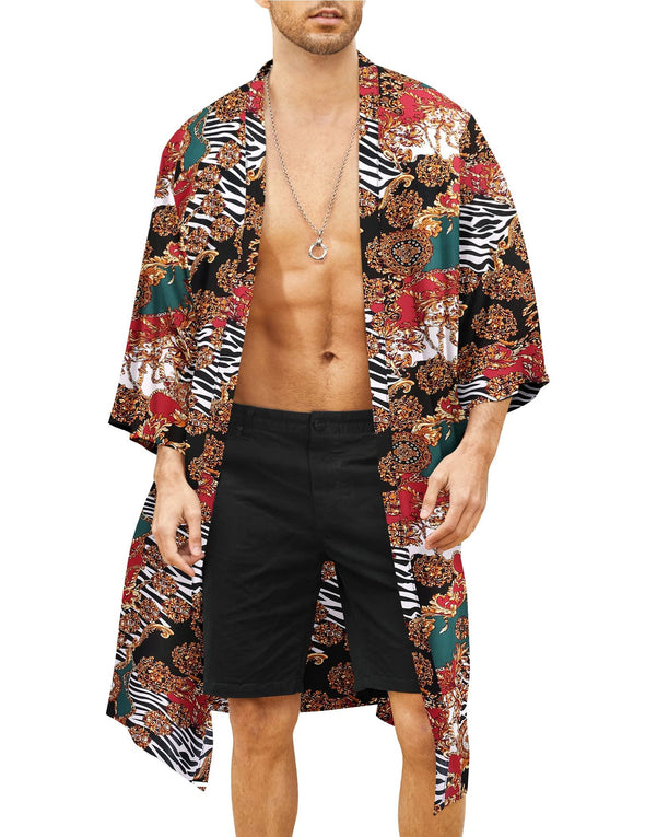 Beyond Apparel Men's Lightweight Kimono Robe Jacket Printed Japanese Style Bathrobes Casual Open Front Long Cardigan Coat Outwear