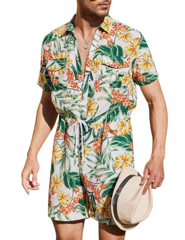 Beyond Apparel Mens Floral Shirts Sets Short Sleeve Casual Button Down Shirts One Piece Hawaiian Rompers Jumpsuit with Pockets