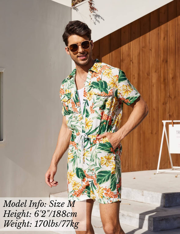 Beyond Apparel Mens Floral Shirts Sets Short Sleeve Casual Button Down Shirts One Piece Hawaiian Rompers Jumpsuit with Pockets