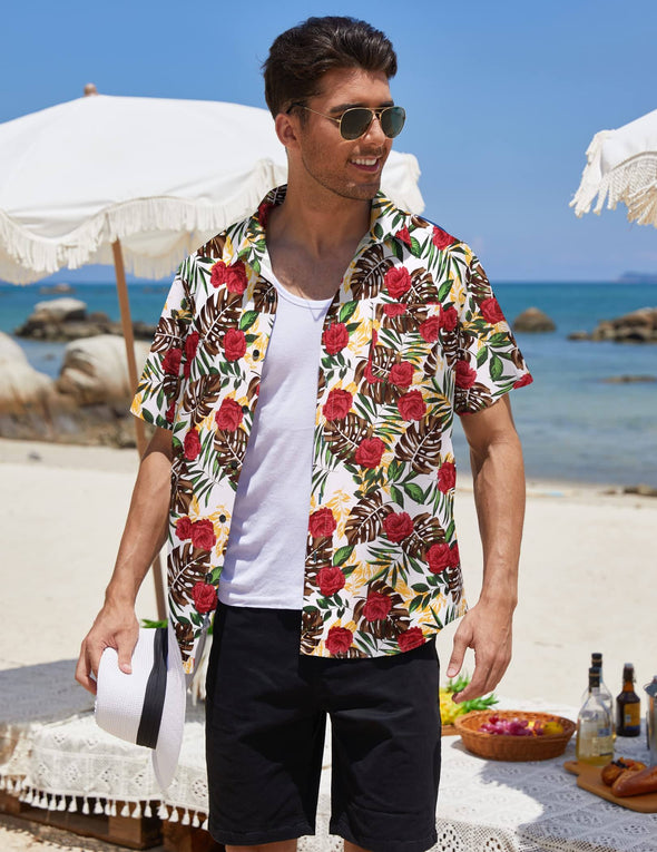 Beyond Apparel Men's Hawaiian Aloha Shirt Short Sleeve Casual Button Down Floral Printed Beach Shirts with Pocket