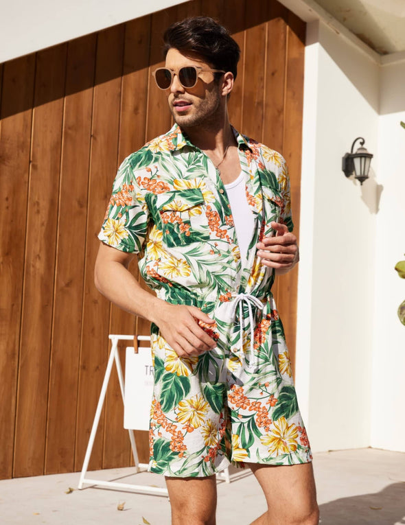 Beyond Apparel Mens Floral Shirts Sets Short Sleeve Casual Button Down Shirts One Piece Hawaiian Rompers Jumpsuit with Pockets