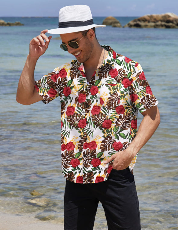 Beyond Apparel Men's Hawaiian Aloha Shirt Short Sleeve Casual Button Down Floral Printed Beach Shirts with Pocket