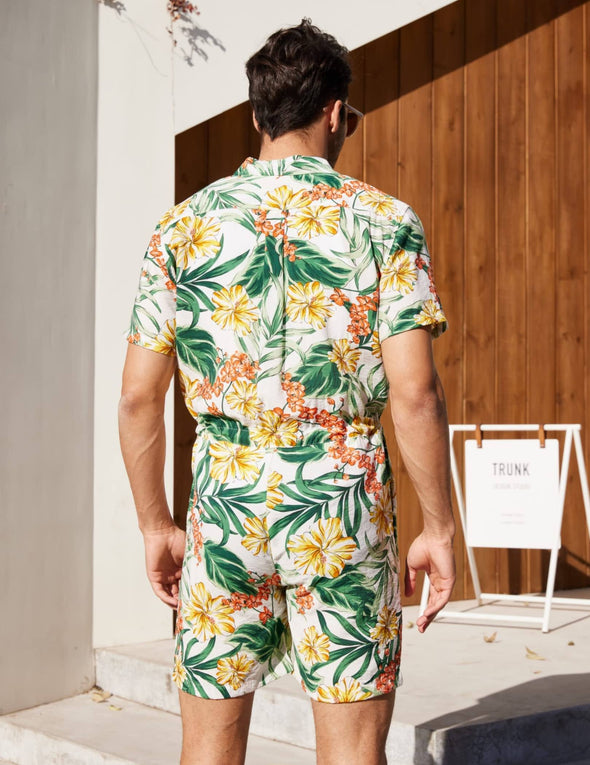 Beyond Apparel Mens Floral Shirts Sets Short Sleeve Casual Button Down Shirts One Piece Hawaiian Rompers Jumpsuit with Pockets