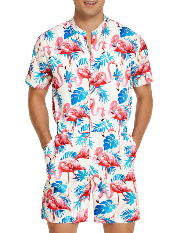 Beyond Apparel Men's One Piece Rompers Short Sleeve Hawaiian Floral Shirt Zipper Jumpsuit Shorts Casual Beach Playsuit with Pockets