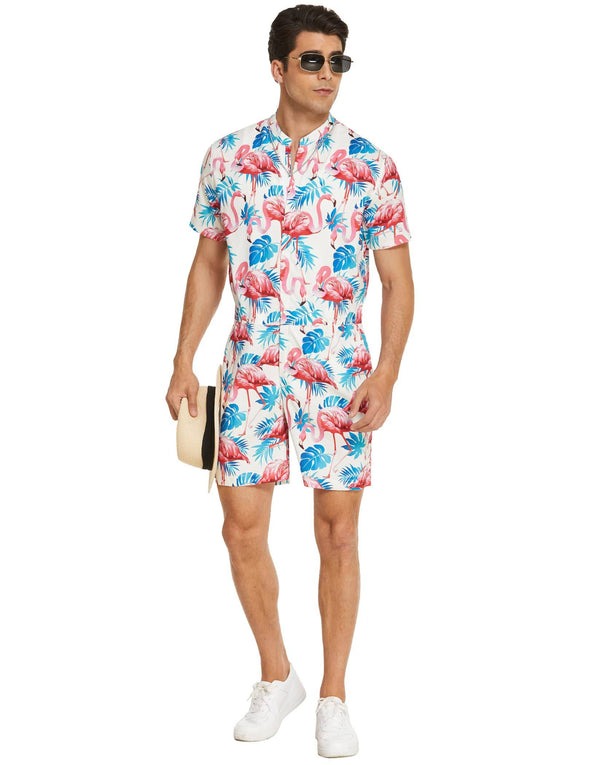 Beyond Apparel Men's One Piece Rompers Short Sleeve Hawaiian Floral Shirt Zipper Jumpsuit Shorts Casual Beach Playsuit with Pockets