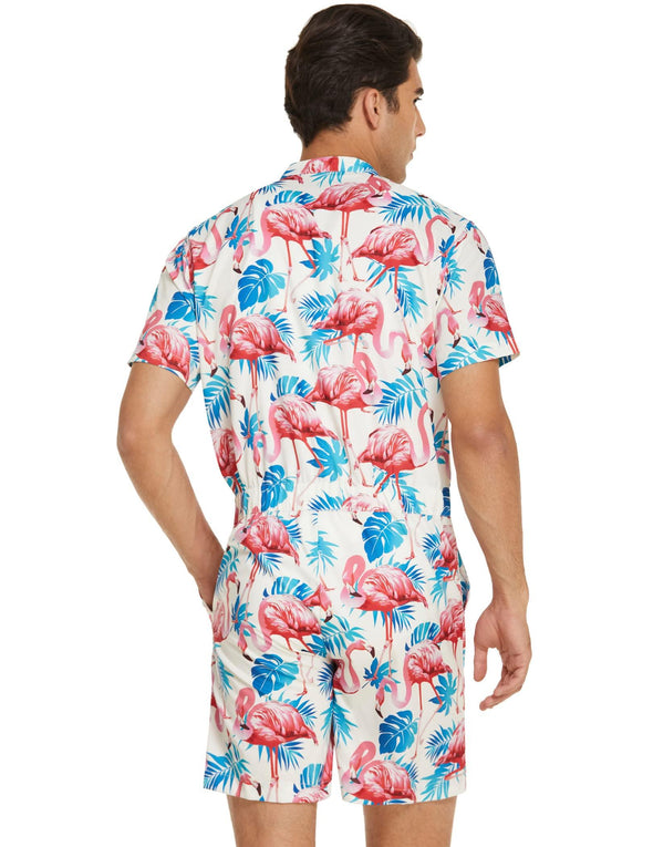 Beyond Apparel Men's One Piece Rompers Short Sleeve Hawaiian Floral Shirt Zipper Jumpsuit Shorts Casual Beach Playsuit with Pockets