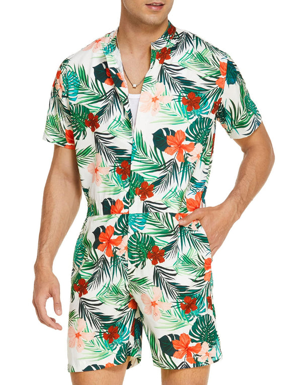 Beyond Apparel Men's One Piece Rompers Short Sleeve Hawaiian Floral Shirt Zipper Jumpsuit Shorts Casual Beach Playsuit with Pockets